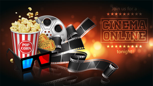 为电影行业做广告。电影，爆米花，眼镜和票。三维向量。高细节逼真的插图图片下载