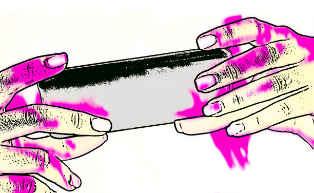 女性手握智能手机在炫耀素描。艺术创意设计图片下载