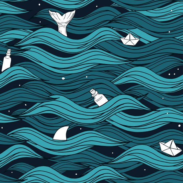 无缝图案海浪，纸船，瓶子。矢量图图片下载