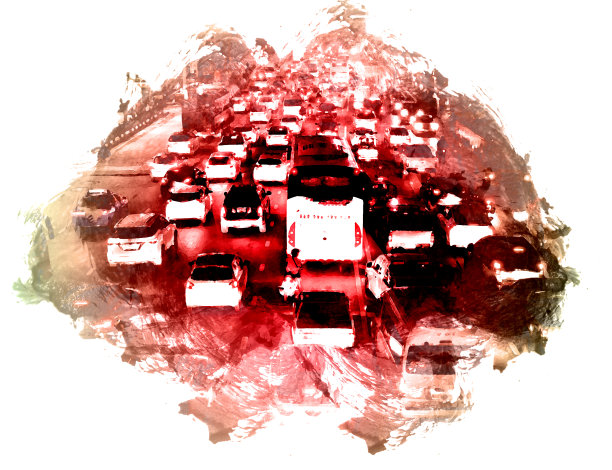 摘要以首都交通道路上的汽车为背景绘制水彩插画。图片下载