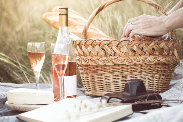 夏天的普罗旺斯野餐在草地上。女孩手里拿着一碗葡萄，旁边是野餐篮子和法棍面包、葡萄酒、玻璃杯、葡萄和面包卷素材图片