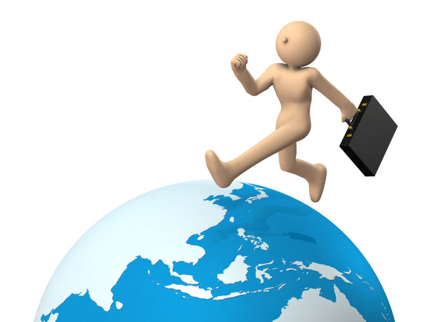 一个繁忙的商人。他周游世界。白色背景。三维演示图片下载