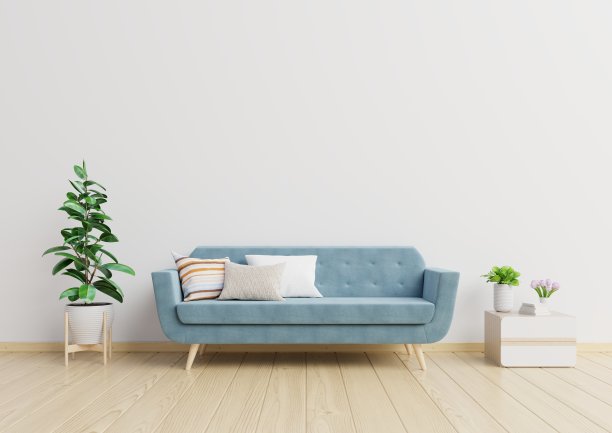 现代客厅内饰有沙发和绿色植物、餐桌图片下载