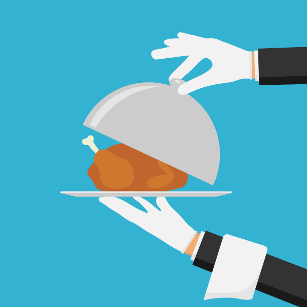 服务员手与钟盖盖和毛巾矢量插图。银钟在手。餐厅的盘子在优雅的服务员手中。食物托盘。图片下载