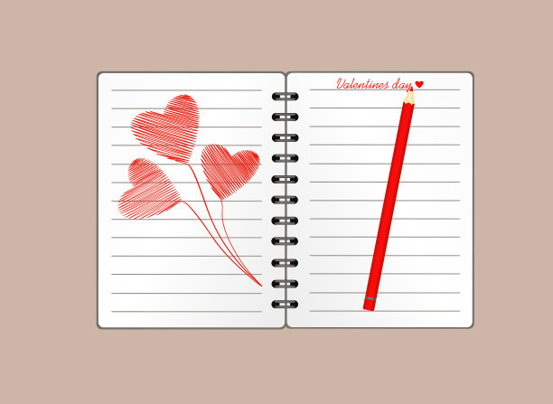 笔记本和模板手绘的红心花束。矢量木背景。节日贺卡。情人节。一个现实的记事本。办公文具。的笔记图片下载