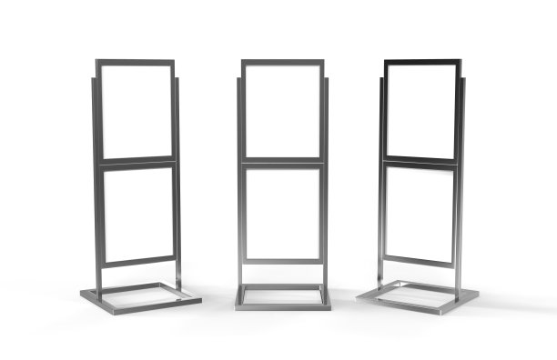 独立海报展示支架金属支架，模拟模板上孤立的白色背景，准备设计演示，3d插图图片下载
