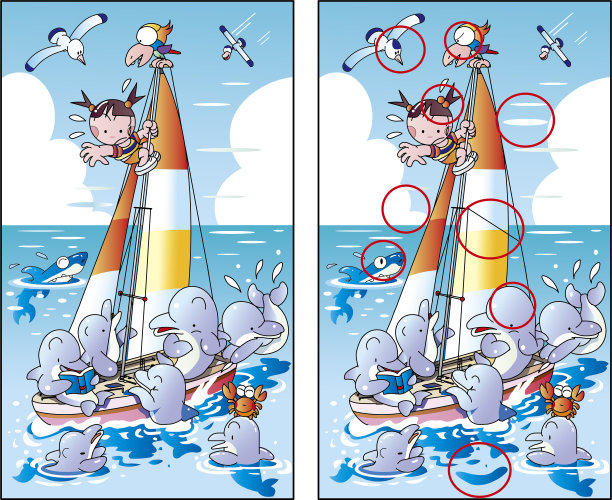 海豚和游艇绘画错误发现测验图片下载