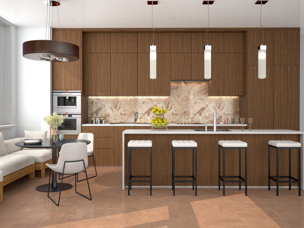 现代棕色厨房内部岛和用餐区。三维演示图片下载