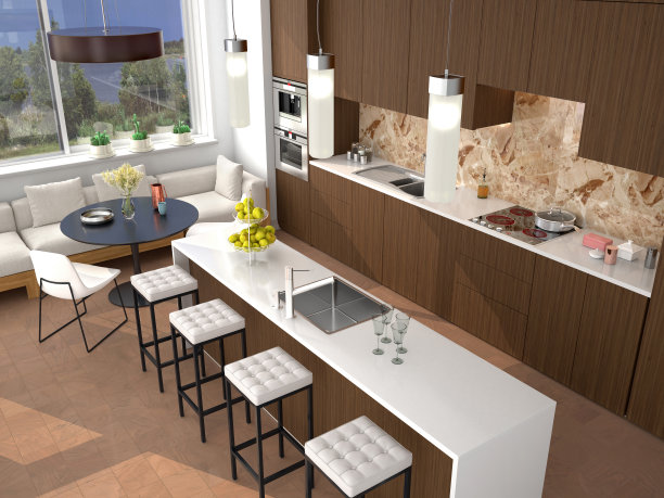 现代棕色厨房内部岛和用餐区。三维演示图片下载