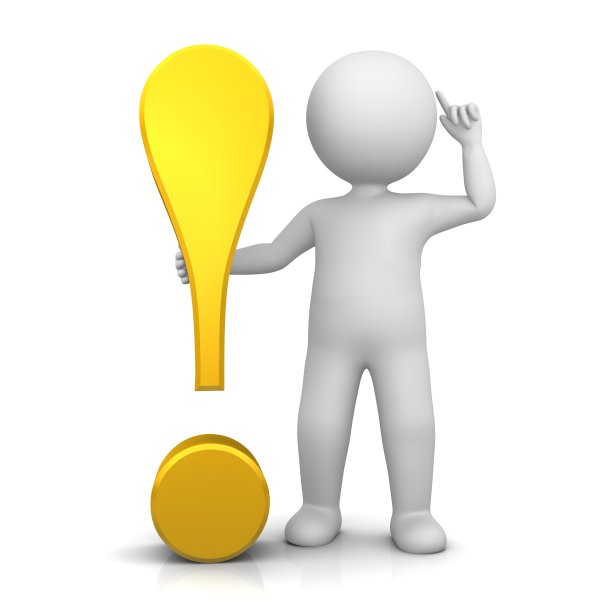 感叹号惊叹号黄色黄金3d与木棍人指向头的想法手势思考姿势孤立在白色在高分辨率图片下载