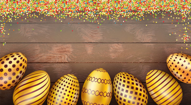 复活节横幅模板在木制背景与复制空间和装饰金蛋与糖球粉。俯视图图片下载