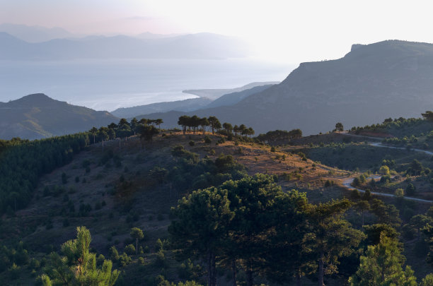 美丽的希腊地中海景观，在夏季阳光明媚的日子与森林和小山;那条蜿蜒的路通向蓝色的大海图片下载