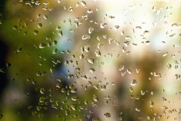 雨点落在窗户上，背景是绿树。早晨玻璃上凝结的水珠。图片下载