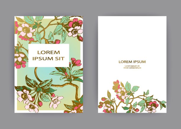植物婚礼邀请卡模板设计，手绘樱花花和叶子在树枝上，复古乡村樱花在绿色金色背景，复古风格粉彩矢量插图图片下载