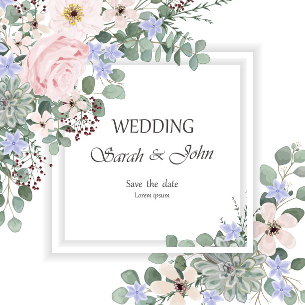 婚礼请柬与玫瑰花和叶孤立上白色。图片下载