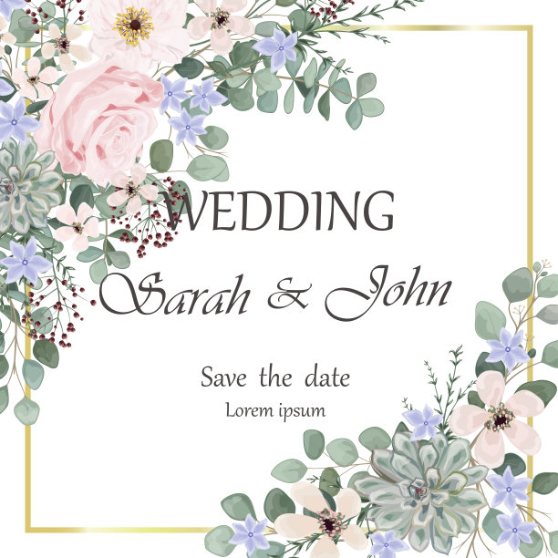 婚礼请柬与玫瑰花和叶孤立上白色。图片下载