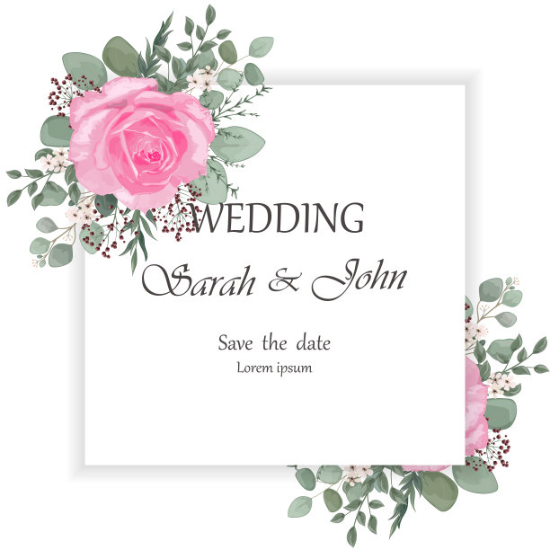 婚礼请柬与玫瑰花和叶孤立上白色。图片下载