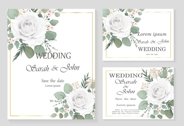 婚礼请柬与玫瑰花和叶孤立上白色。图片下载
