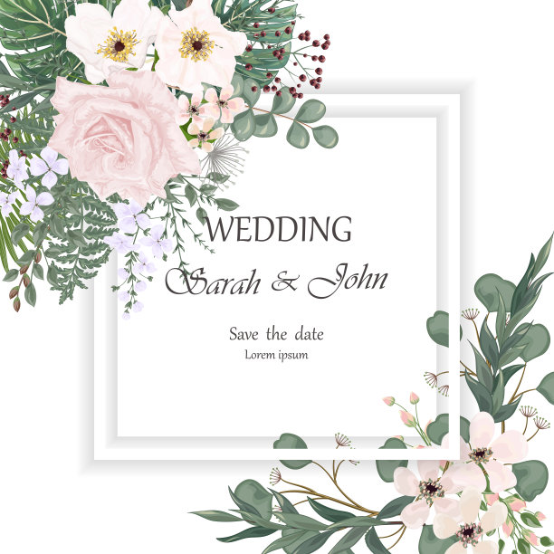 婚礼请柬与玫瑰花和叶孤立上白色。图片下载