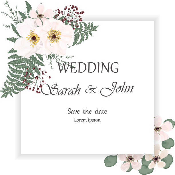 婚礼请柬与玫瑰花和叶孤立上白色。图片下载