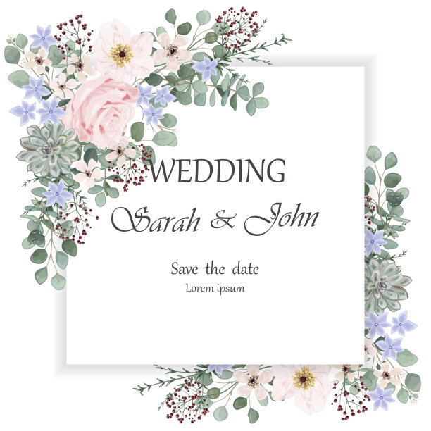 婚礼请柬与玫瑰花和叶孤立上白色。图片下载