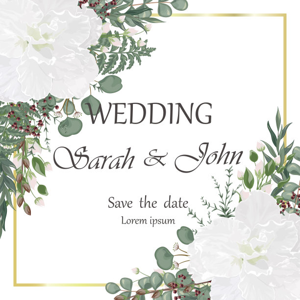 婚礼请柬与玫瑰花和叶孤立上白色。图片下载