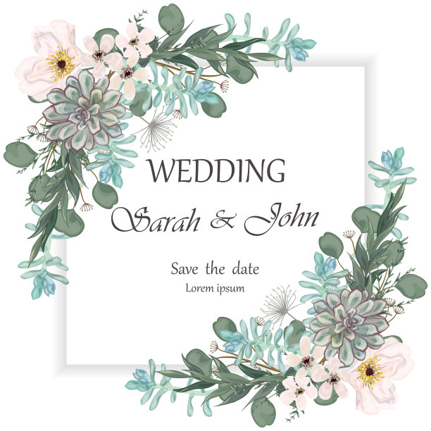 婚礼请柬与玫瑰花和叶孤立上白色。图片下载