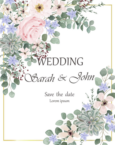 婚礼请柬与玫瑰花和叶孤立上白色。图片下载