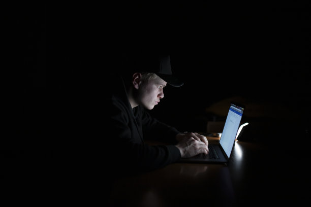 男人晚上在笔记本电脑前工作图片下载