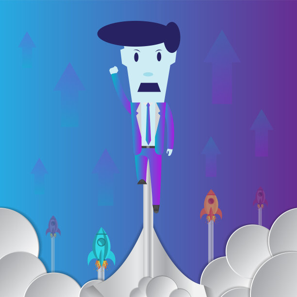 飞行一个商人在完全平静的沉思。他计划他的商业理念，努力工作导致成功的飞箭工作。素材图片