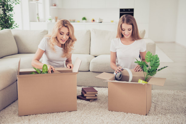 近距离的照片两个人妈妈和十几岁的女儿与纸大盒子充分准备更换装饰做修理穿白色t恤牛仔裤在明亮的平坐在舒适的沙发前地板地毯图片下载
