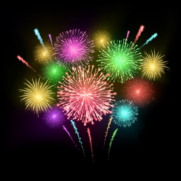 节日烟花。五彩缤纷的狂欢节烟火假日背景。抽象的节日和聚会背景。矢量插图孤立在黑暗的背景图片下载