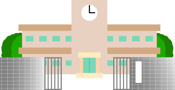 日本公立学校建筑，有校门和树木图片下载