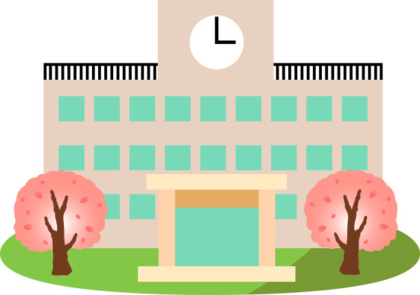 日本公立学校的教学楼里有春天的樱桃树图片下载