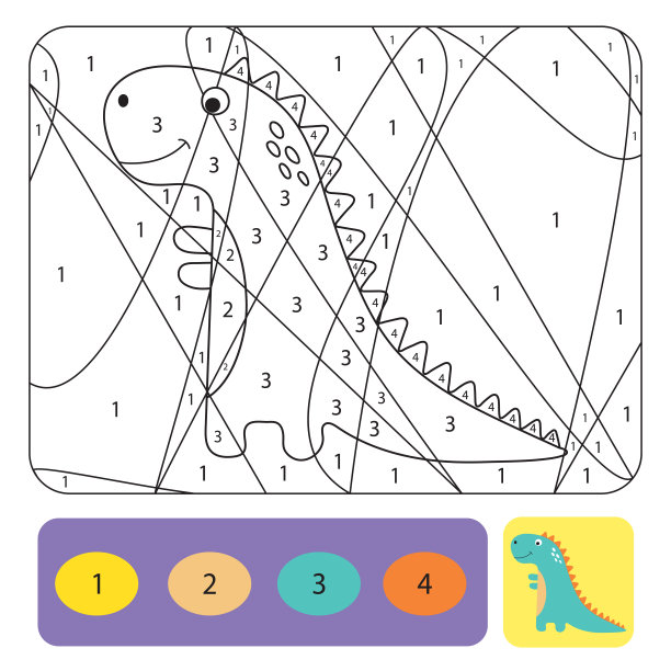 可爱的恐龙着色页的孩子。用颜色的数字填色游戏图片下载