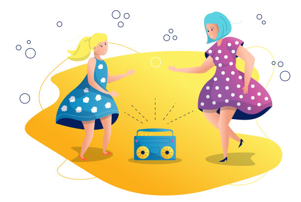 母女俩随着录音机里的音乐跳舞。女人穿着漂亮的衣服，留着漂亮的发型。肥皂泡到处都是。矢量平面插图在卡通风格。图片下载