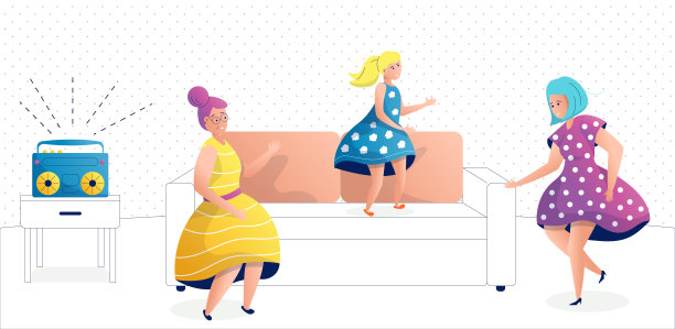 奶奶、妈妈和女儿穿着漂亮的衣服，在房间里的沙发上和着音乐跳舞、跳、高兴。一家人正在休息。矢量平面插图在卡通风格。图片下载