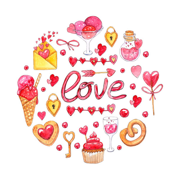 手绘情人节贺卡套装。图片下载