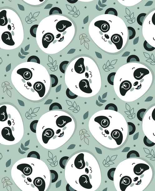 矢量无缝图案与可爱的熊猫脸和树叶素材图片