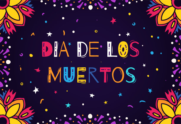 亡灵节，亡灵节矢量插图。设计横幅或派对传单与花卉框架和花哨的字母。图片下载