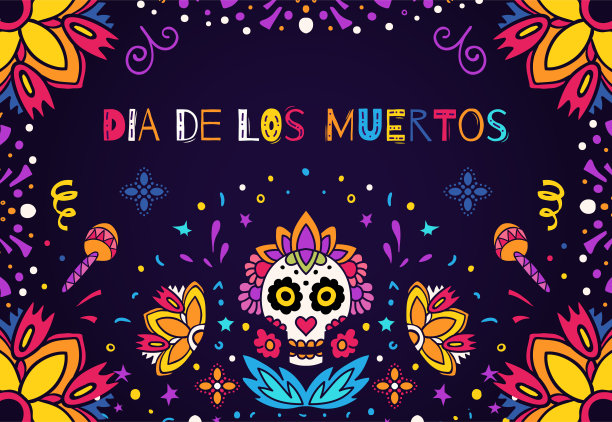 亡灵节，亡灵节矢量插图。设计旗帜或派对传单与糖头骨，花和装饰性的边界。图片下载