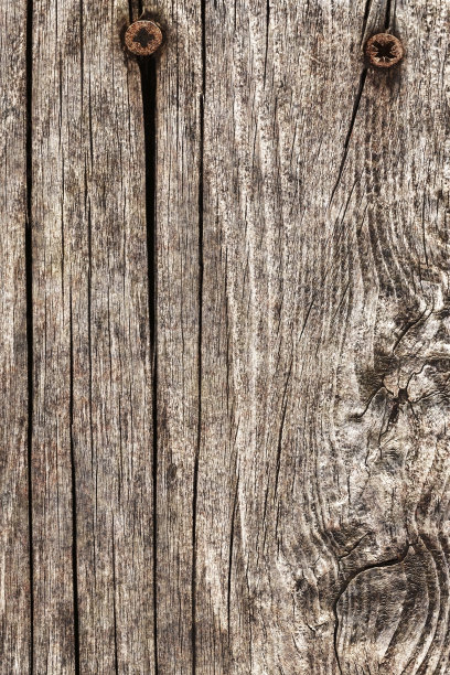 老风化腐烂开裂粗糙打结的松木地板表面生锈的十字螺丝嵌入细节图片下载