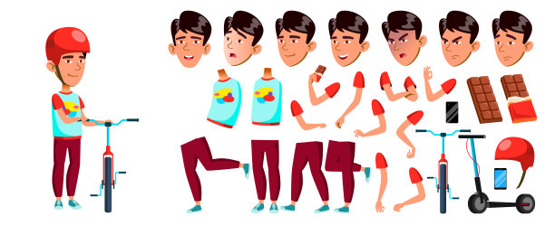 亚洲男孩男孩学校男孩孩子向量。小学的孩子。动画创作集。的孩子。微笑。用于演示、印刷、邀请设计。面对情感,手势。动画。插图图片下载