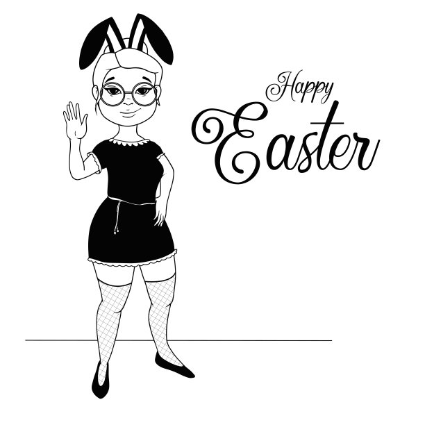 甜美的女孩，穿着裙子，挥着手。兔耳朵在头上。复活节快乐。图片下载