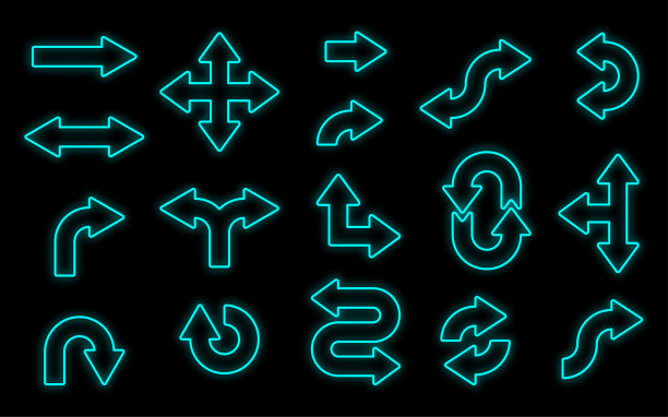 一组蓝色闪亮的圆形箭头孤立在黑色背景。图片下载