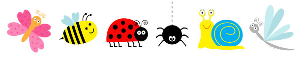 瓢虫，瓢虫，蜜蜂，蜻蜓，蝴蝶，蜘蛛，蜗牛。可爱卡通卡哇伊搞笑昆虫套装线。白色背景。孤立。图片下载