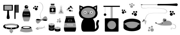 可爱的暹罗猫在平面设计风格。东西线集。爪印、刮绳柱、床、刷、洗发水、项圈、线索球、食物、盘子、碗、丸、弓鱼鼠白色背景孤立图片下载