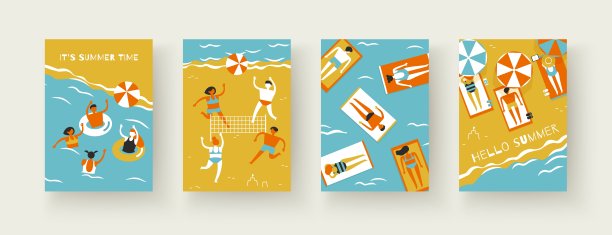 人们沙滩、海洋、排球、羽毛球、日光浴、A4矢量横幅图片下载