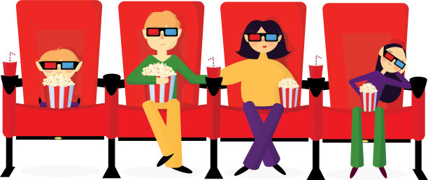一家人在电影院看电影海报。卡通微笑的男人和男孩在3D眼镜坐在爆米花饮料和年轻女子使用互联网在现代智能手机矢量插图图片下载