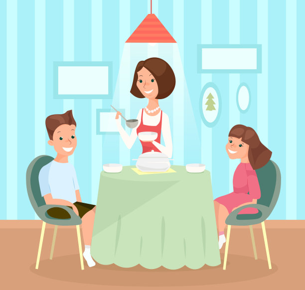 矢量插图的家庭膳食。母亲把汤倒在孩子的盘子里，儿子和女儿一起坐在桌子上吃午饭。快乐的女孩和男孩，姐姐和哥哥与妈妈在平面卡通风格。素材图片